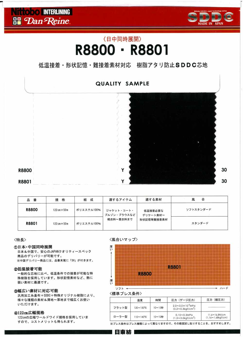 R8801 兼容低溫粘著、形狀記憶和難粘材料樹脂襯，防止雅化[襯布] 日東紡績