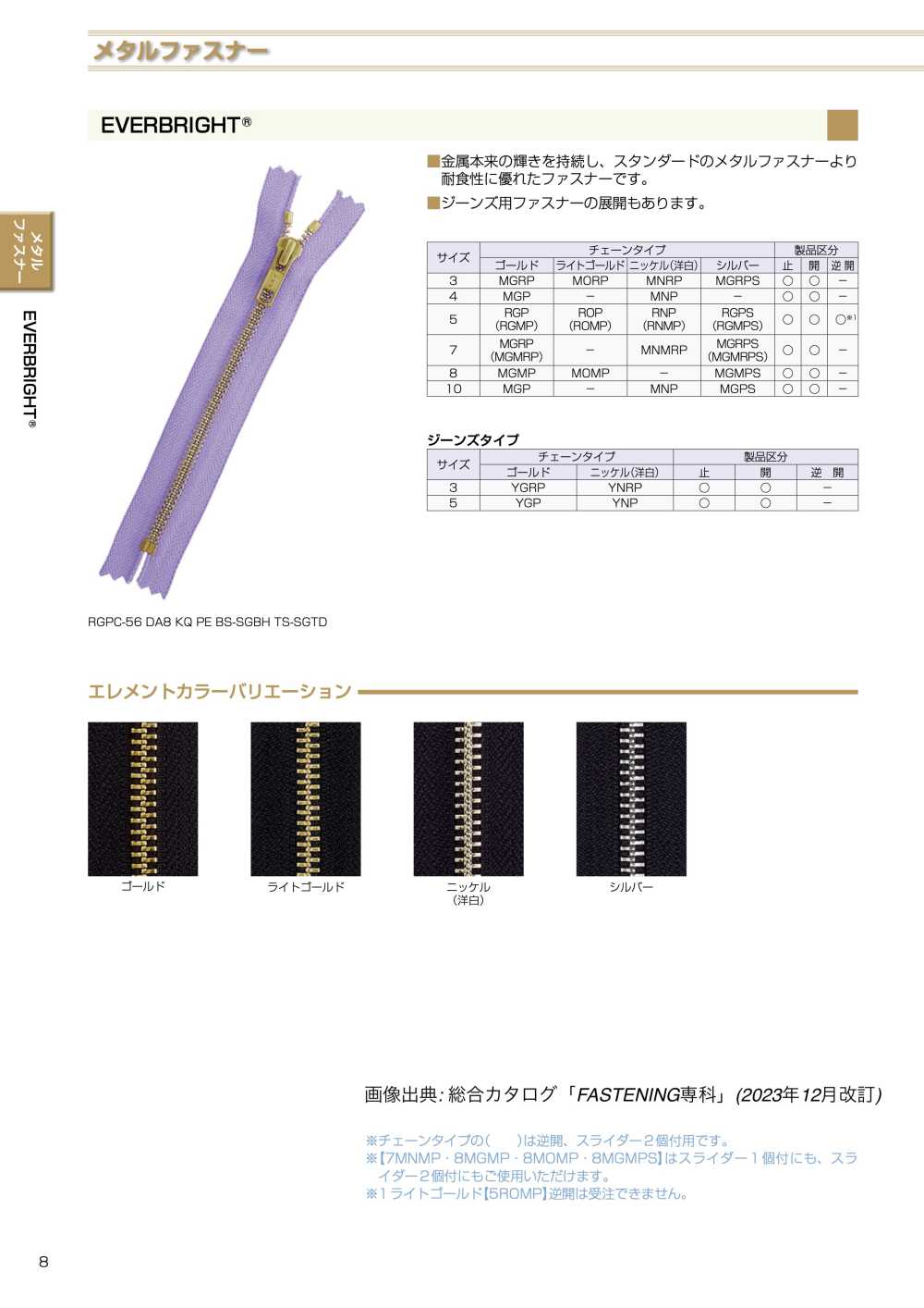 3MGRPC EVERBRIGHT&#174; 3尺寸金色閉尾拉鍊 YKK