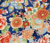 850628 平紋布 花卉金和風圖案 牡丹、菊、葵與鼓[布料] VANCET 更多照片