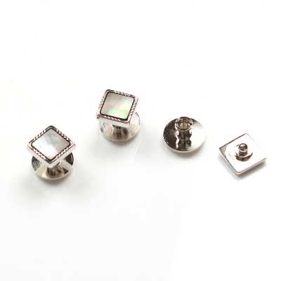 P-2 純銀製釘扣 黑蝶貝 銀色方形