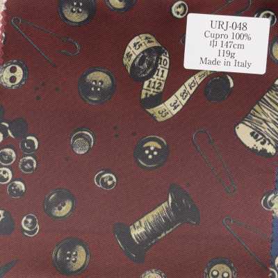 URJ-048 義大利製 100%銅氨纖維印花裡料 裁縫工具與鈕扣圖案 酒紅色